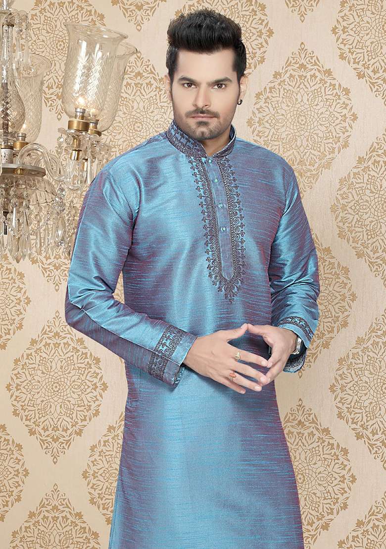 Rama Green Embroidered Silk Blend Kurta Set For Men - Indya